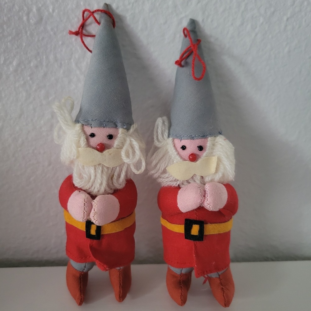 Vintage Scandinavian Style Santa Gnome Fabric Ornaments Set of 2 Nordic Tomte